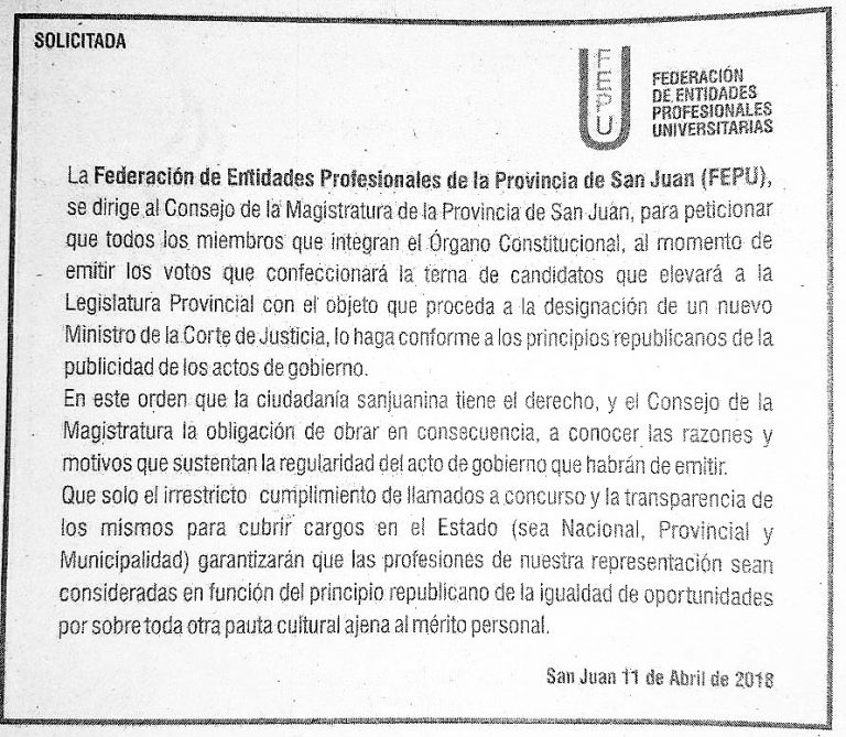 12/4/2018: DECLARACIÓN DE FEPU AL CONSEJO MAGISTRATURA