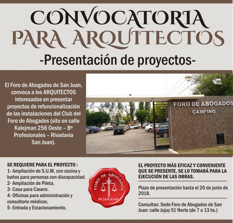 Convocatoria para arquitectos: Presentación de proyecto refuncionalización Club Foro de Abogados