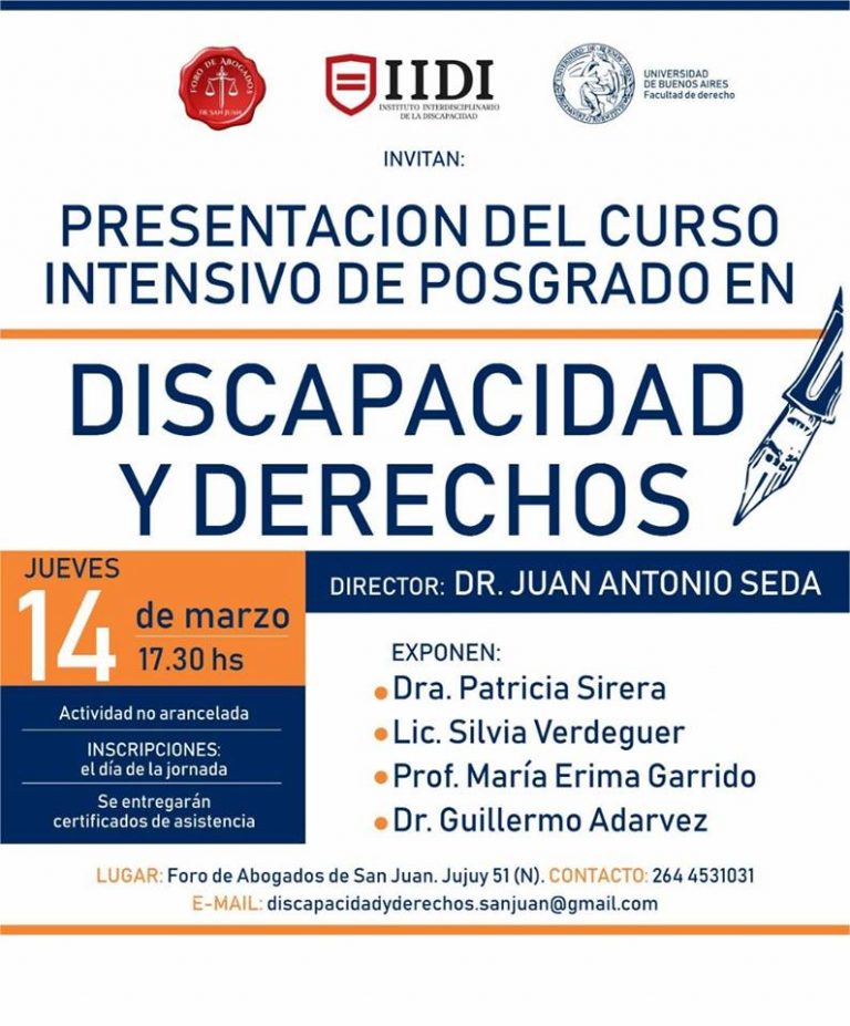 14/3/2019, 17:30 hs. Presentación curso intensivo de posgrado Discapacidad y Derechos