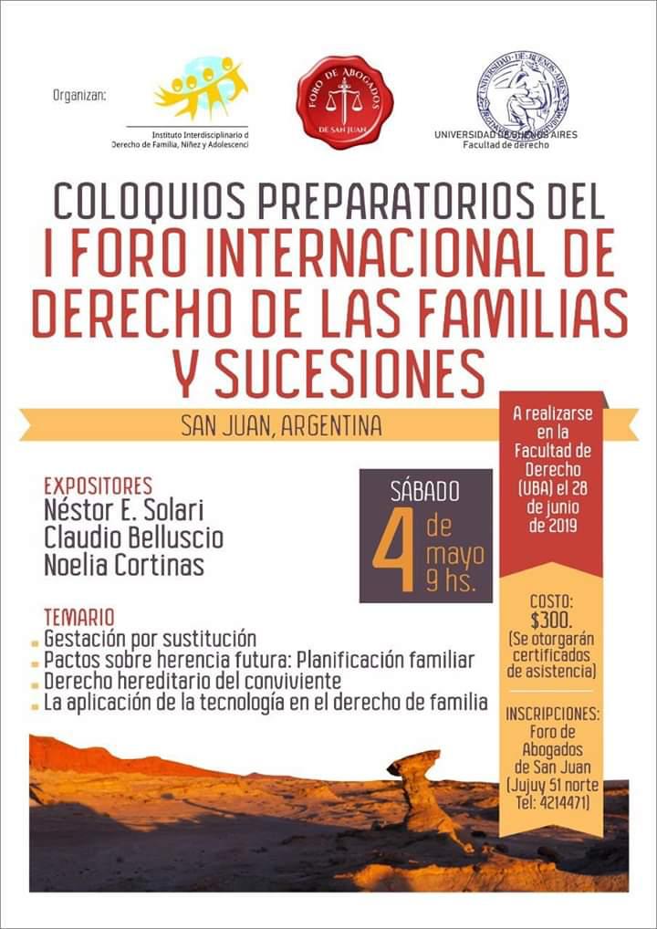 COLOQUIOS PREPARATORIOS DEL I FORO INTERNACIONAL DE DERECHO DE LAS FAMILIAS Y SUCESIONES  04-05-19
