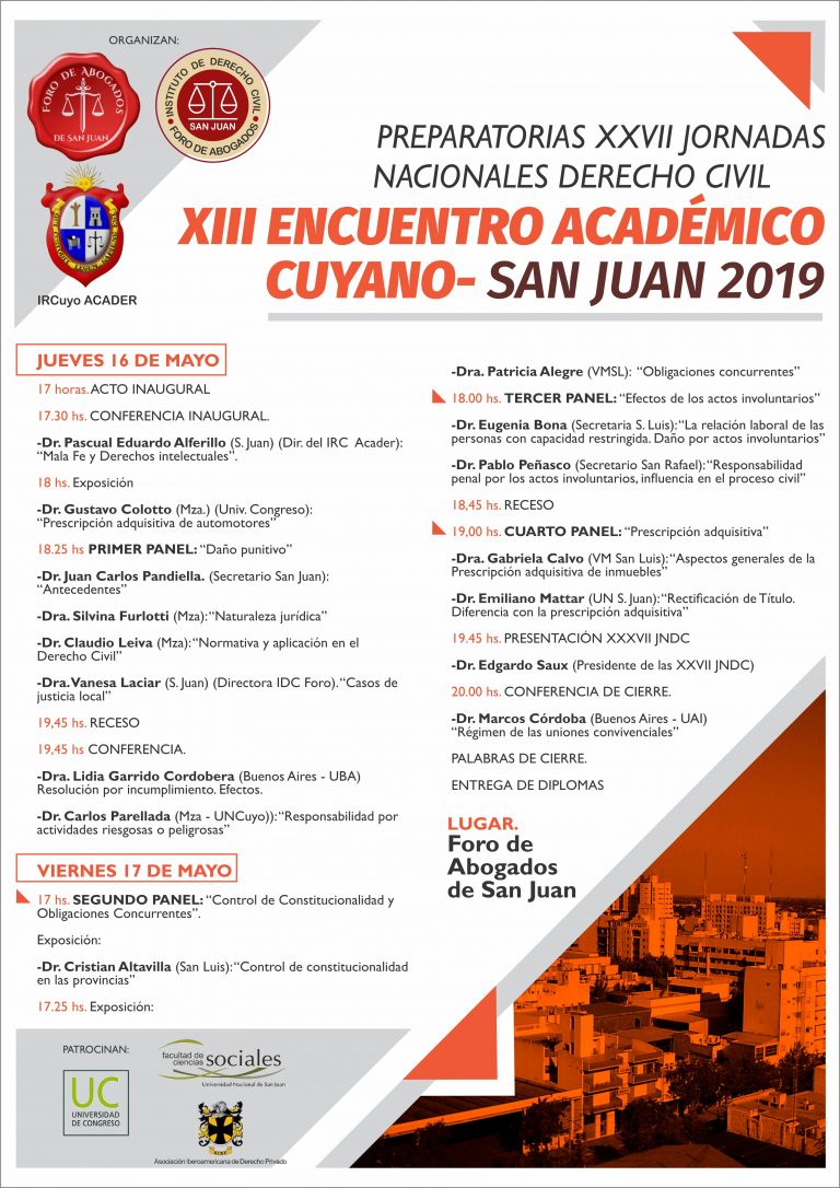XIII ENCUENTRO ACADÉMICO  CUYANO – PREPARATORIAS DE XXVII JORNADAS NACIONALES DE D. CIVIL. 16 Y 17 DE MAYO