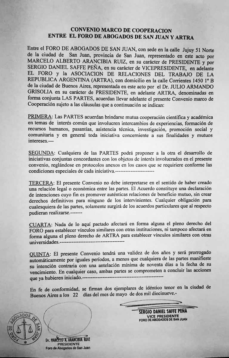 CONVENIO MARCO DE COOPERACION ENTRE EL FORO DE SAN JUAN Y APTRA (ver aquí)