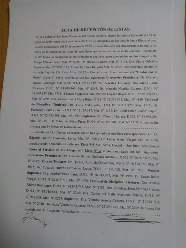 ACTA DE RECEPCIÓN DE LISTAS -AGOSTO 2019-