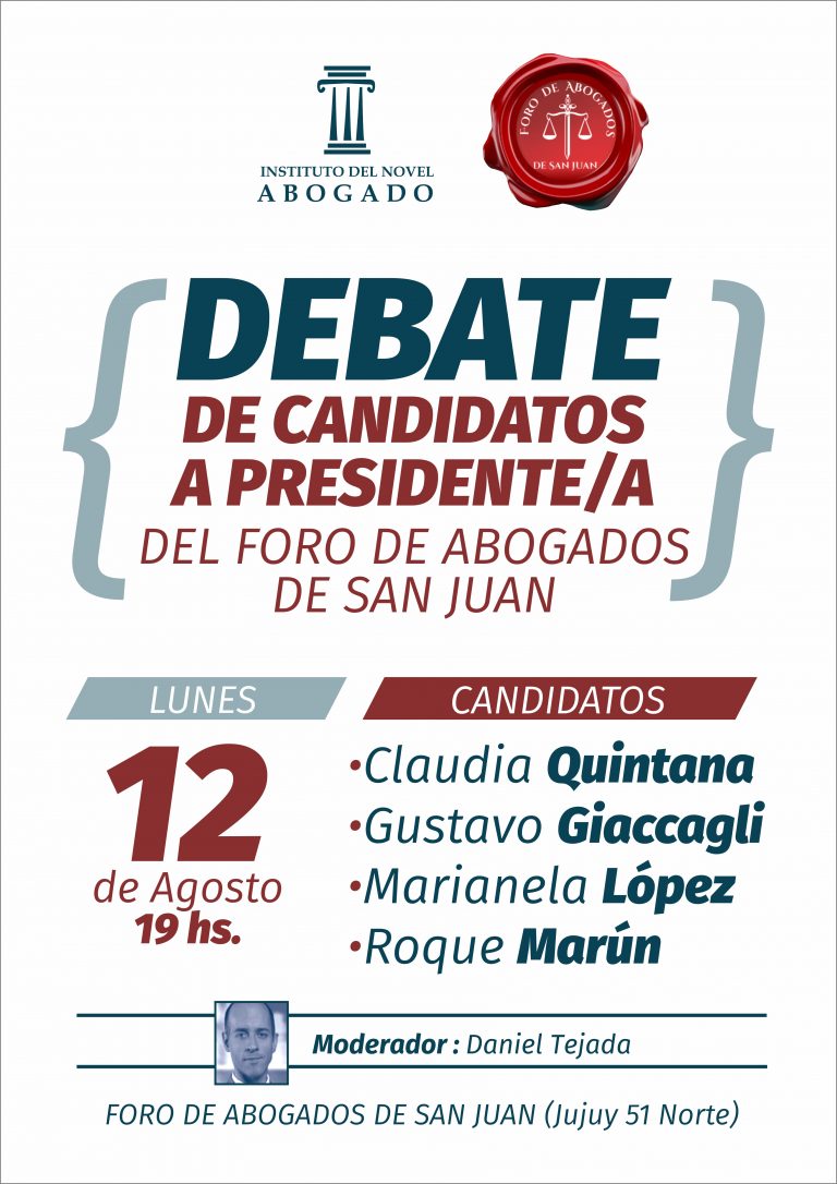 12/8, 19 hs.: MODIFICACIÓN FECHA DE DEBATE DE CANDIDATOS A PRESIDENTE DEL FORO DE ABOGADOS