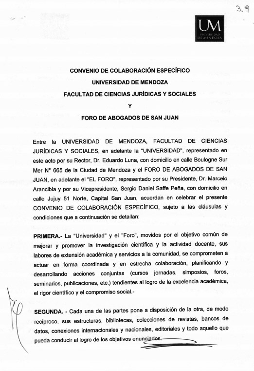 CONVENIO DE COLABORACIÓN ESPECIFICO ENTRE EL FORO DE ABOGADOS DE SAN JUAN Y LA UNIVERSIDAD DE MENDOZA