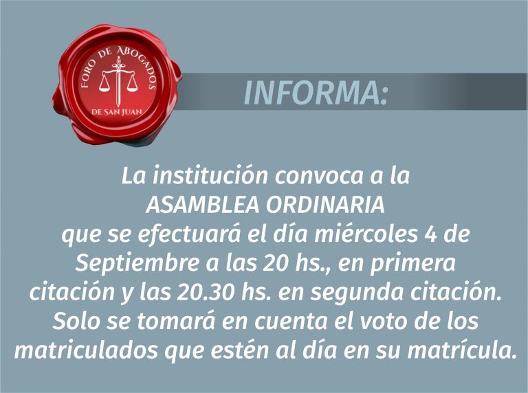 4-09-2019: CONVOCATORIA  ASAMBLEA ORDINARIA