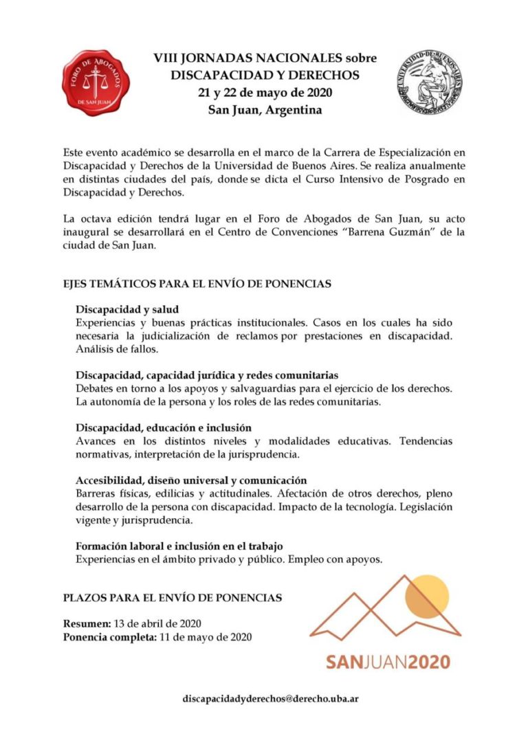 Circular de las Jornadas Nacionales sobre Discapacidad y Derechos San Juan 2020