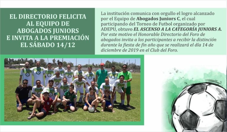 EL DIRECTORIO FELICITA AL EQUIPO DE ABOGADOS JUNIORS E INVITA A LA PREMIACIÓN