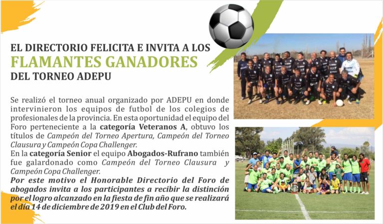 EL DIRECTORIO FELICITA E INVITA A LOS FLAMANTES GANADORES DEL TORNEO DE FÚTBOL ADEPU: