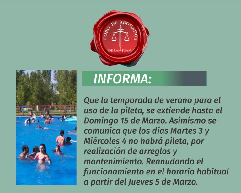 Extensión de la temporada de Verano – Funcionamiento de la pileta