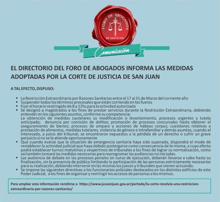 EL DIRECTORIO DEL FORO DE ABOGADOS INFORMA LAS MEDIDAS ADOPTADAS POR LA CORTE DE JUSTICIA DE SAN JUAN