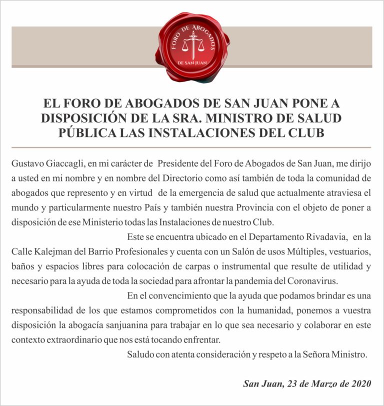 EL FORO DE ABOGADOS DE SAN JUAN PONE A DISPOSICIÓN DE LA SRA. MINISTRO DE SALUD PÚBLICA LAS INSTALACIONES DEL CLUB