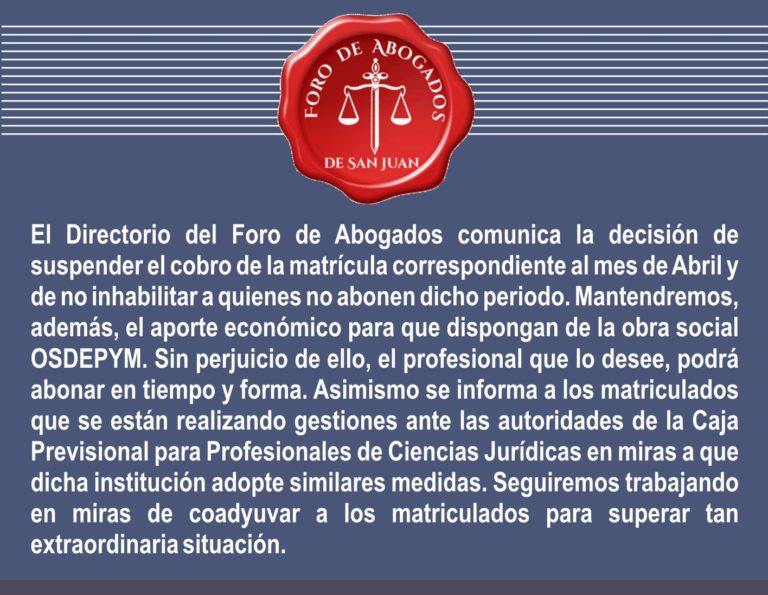 SUSPENSIÓN DEL COBRO DE LA MATRICULA DE ABRIL 2020
