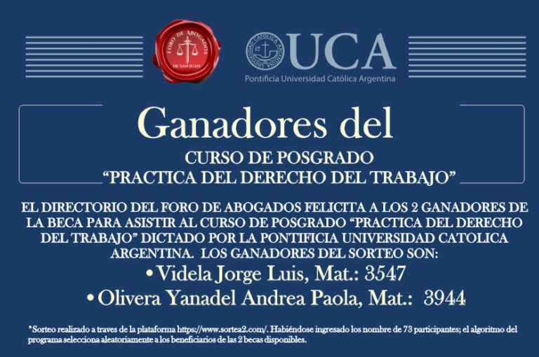 FLAMANTES GANADORES DEL SORTEO DE LAS DOS BECAS PARA EL CURSO DE POSGRADO DE LA UCA