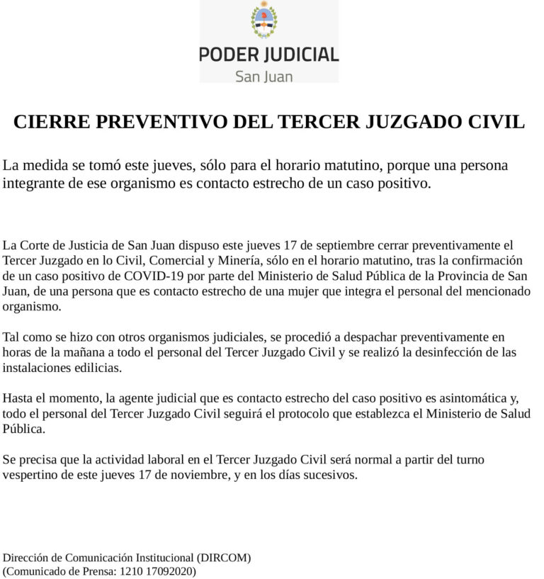 CIERRE PREVENTIVO DEL TERCER JUZGADO CIVIL