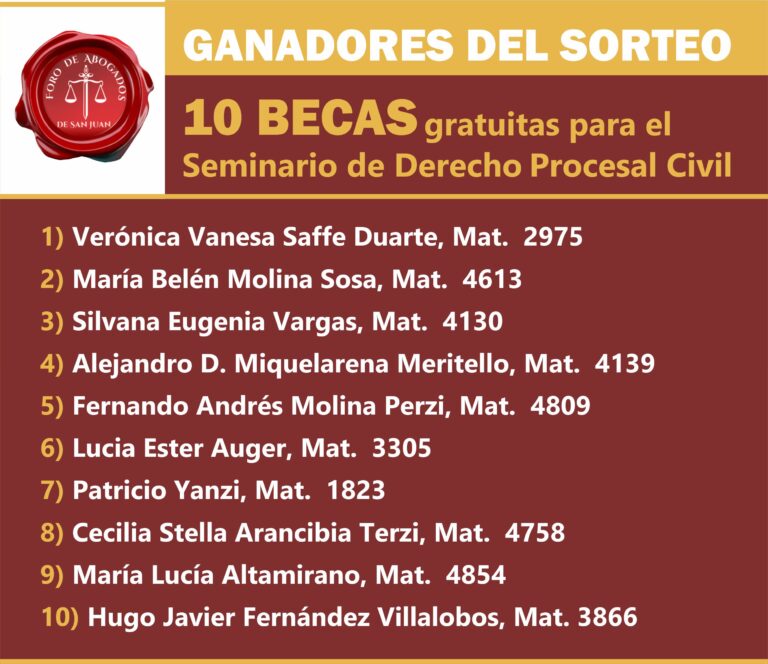 GANADORES DEL SORTEO DE10 BECAS AL SEMINARIO DE DERECHO PROCESAL CIVIL