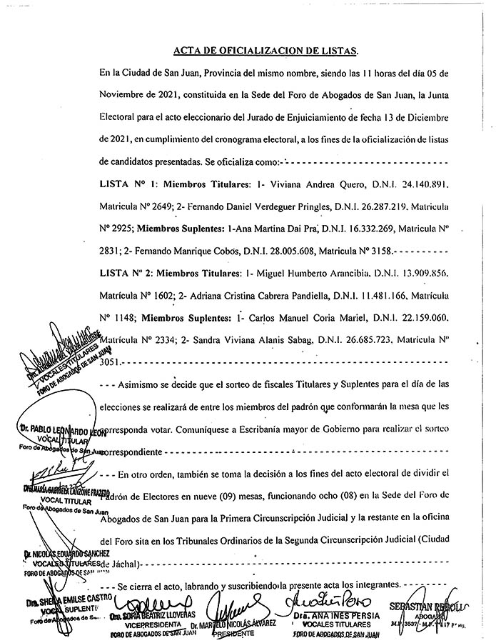 SE OFICIALIZARON LAS LISTAS PRESENTADAS PARA EL ACTO ELECCIONARIO DEL JURADO DE ENJUICIAMIENTO