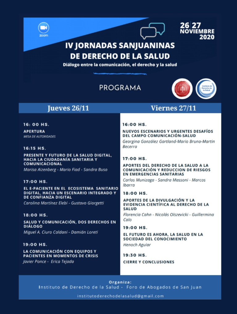 IV JORNADAS DE DERECHO DE LA SALUD, PROXIMAMENTE EN NUESTRO CANAL DE YOU TUBE