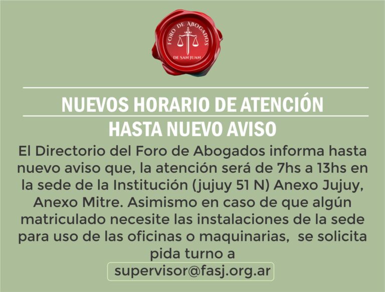 NUEVOS HORARIOS DE ATENCIÓN HASTA NUEVO AVISO
