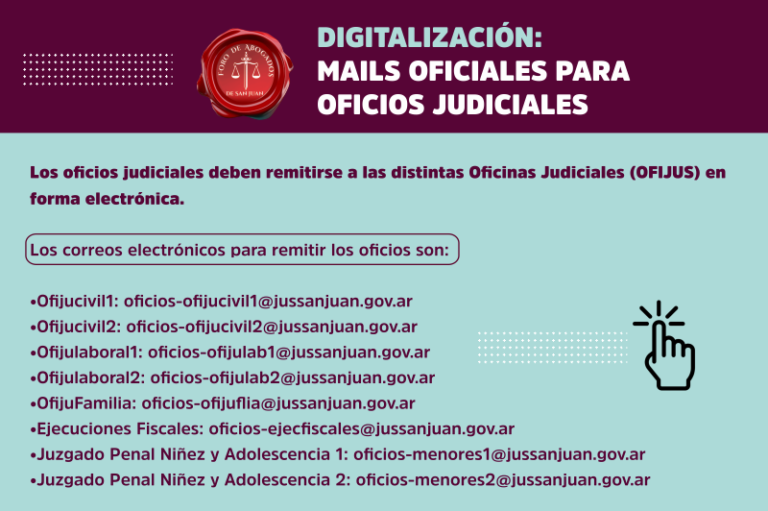 DIGITALIZACIÓN: MAILS OFICIALES PARA OFICIOS JUDICIALES