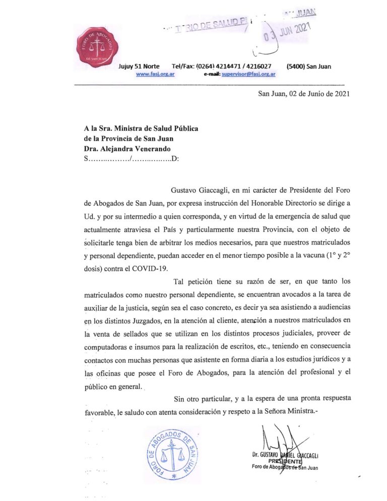 EL FORO DE ABOGADOS SOLICITÓ A LA MINISTRA DE SALUD PÚBLICA DRA ALEJANDRA VENERANDO EL ACCESO DE NUESTROS MATRICULADOS A LA VACUNA CONTRA EL COVID 19