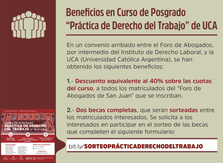 BENEFICIOS CURSO DE POSGRADO  “PRÁCTICA DE DERECHO DEL TRABAJO” (UNIVERSIDAD CATÓLICA ARGENTINA)
