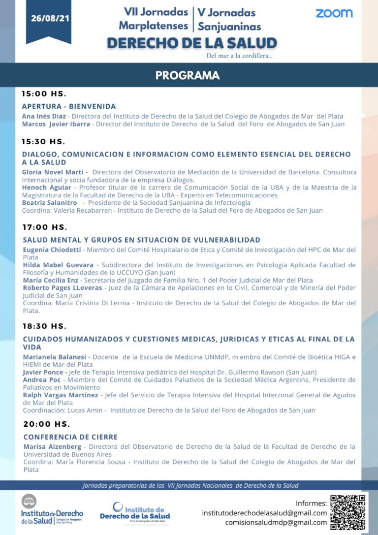 Programa de las IX Jornadas Marplatenses y V Jornadas Sanjuaninas de Derecho de la Salud