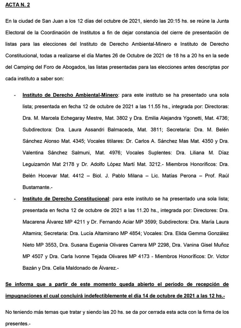 LISTAS PRESENTADAS PARA ELECCIONES DEL INSTITUTO DERECHO AMBIENTAL-MINERO E INSTITUTO DERECHO CONSTITUCIONAL