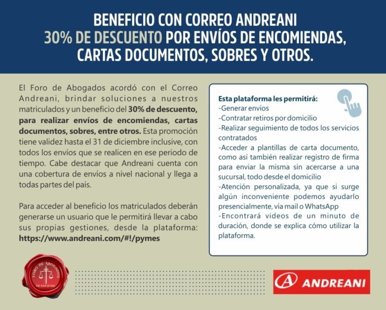 BENEFICIO CON CORREO ANDREANI 30% DE DESCUENTO POR ENVÍOS DE ENCOMIENDAS, CARTAS DOCUMENTOS, SOBRES Y OTROS.