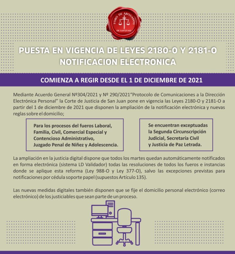 PUESTA EN VIGENCIA DE LEYES 2180-0 Y 2181-O NOTIFICACION ELECTRONICA EN TODOS LOS FUEROS