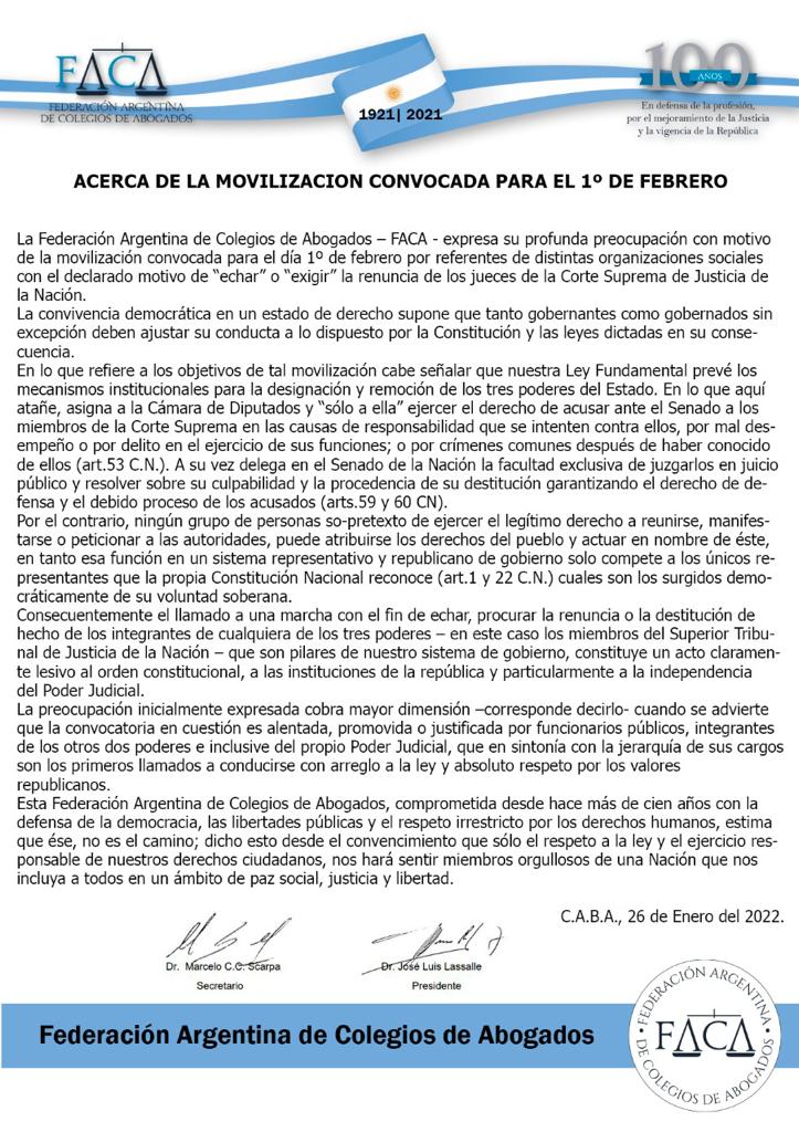 COMUNICADO DE FACA ACERCA DE LA MOVILIZACION CONVOCADA PARA EL 1° DE FEBRERO