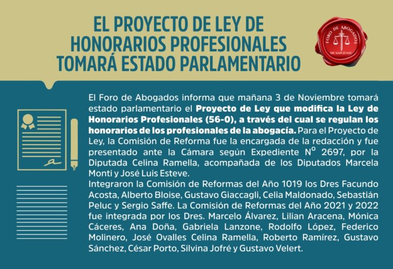 EL PROYECTO DE LEY DE HONORARIOS PROFESIONALES TOMARÁ ESTADO PARLAMENTARIO
