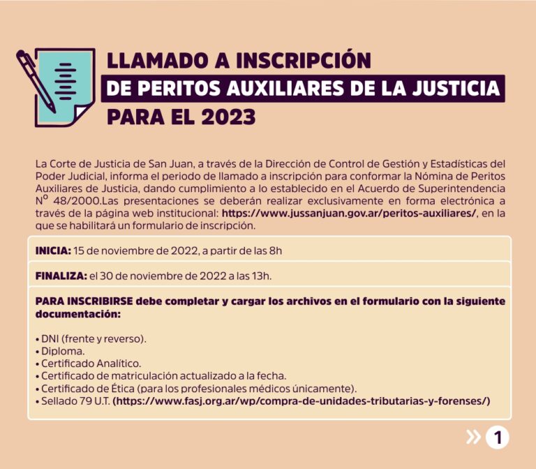 LLAMADO A INSCRIPCIÓN DE PERITOS AUXILIARES DE LA JUSTICIA PARA EL 2023