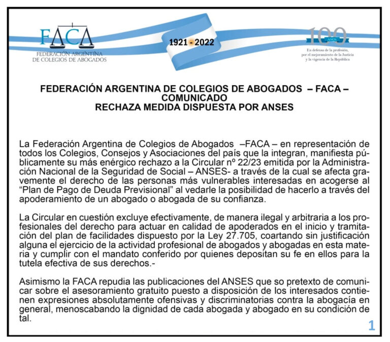 EL FORO DE ABOGADOS ADHIERE AL COMUNICADO DIFUNDIDO POR LA FACA