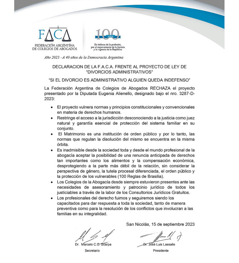 DECLARACION DE LA F.A.C.A. FRENTE AL PROYECTO DE LEY DE “DIVORCIOS ADMINISTRATIVOS”