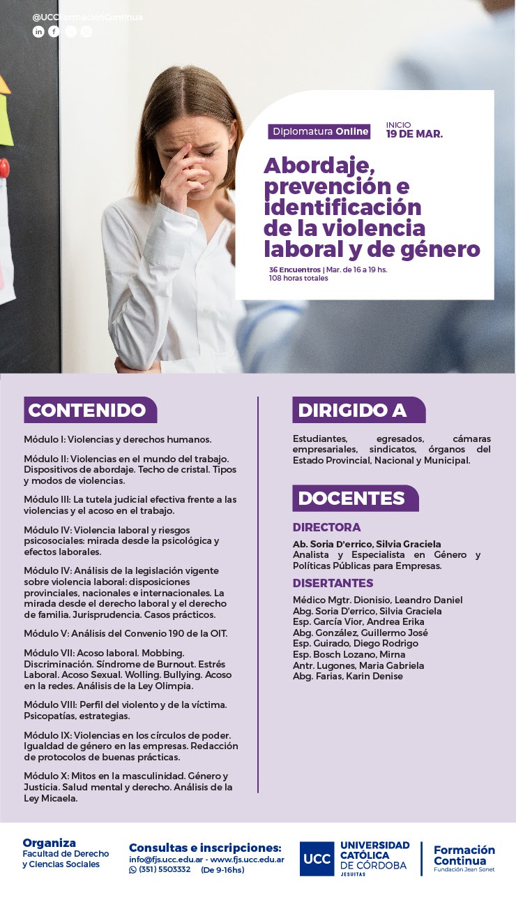 Universidad Católica de Córdoba. Diplomatura: Abordaje, Prevención e Identificación de la Violencia Laboral y de Género