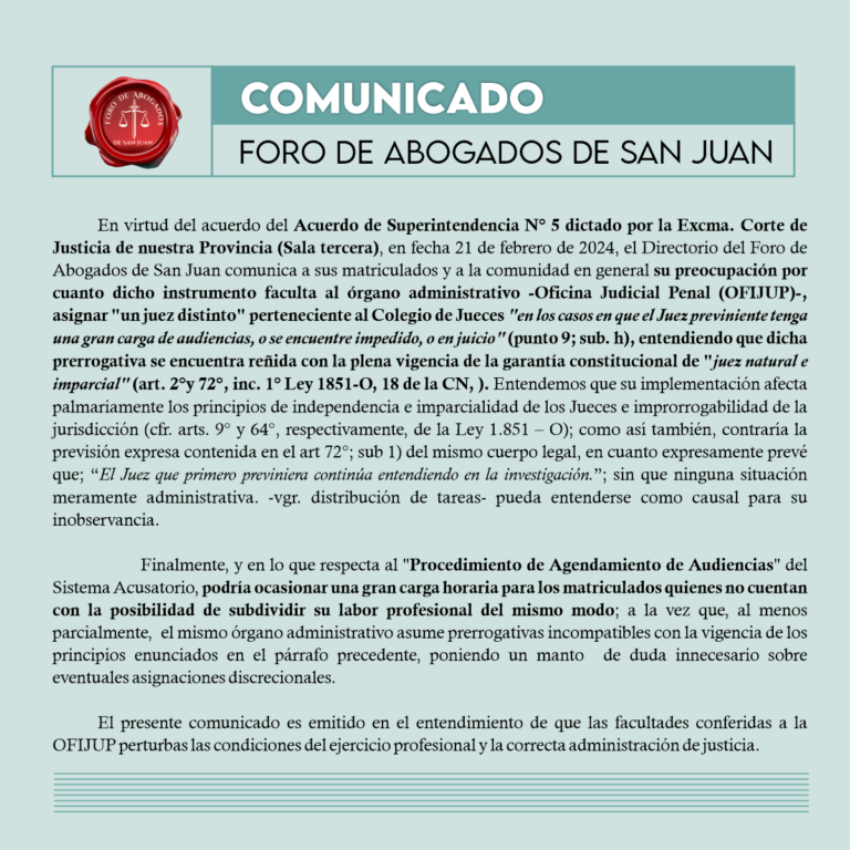 COMUNICADO SOBRE EL ACUERDO DE SUPERINTENDENCIA N°5