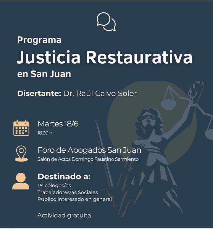 CHARLA SOBRE JUSTICIA RESTAURATIVA, HOY 18/6 A LAS 18.30 HS