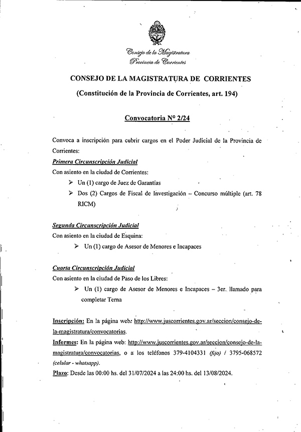 CONVOCATORIA CONSEJO DE LA MAGISTRATURA PCIA. DE CORRIENTES