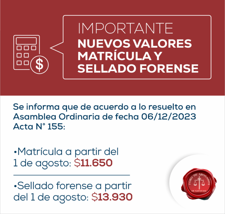 NUEVOS VALORES MATRÍCULA Y SELLADO FORENSE