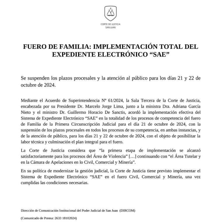 SE SUSPENDEN LOS PLAZOS PROCESALES Y LA ATENCIÓN AL PÚBLICO PARA LOS DÍAS 21 Y 22 DE OCTUBRE DE 2024.