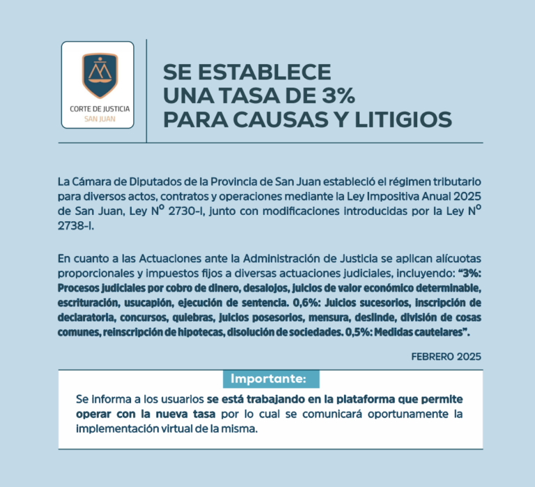 SE ESTABLECE UNA TASA DE 3% PARA CAUSAS Y LITIGIOS