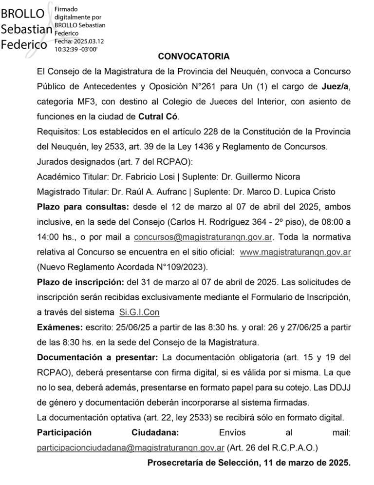 Llamado a Inscripción Concursos Nº 261 Magistratura de Neuquén