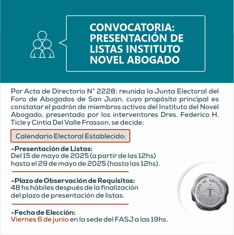 CONVOCATORIA:  PRESENTACIÓN DE  LISTAS INSTITUTO  NOVEL ABOGADO