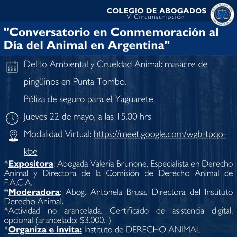 Conversatorio en conmemoración al Día del Animal en Argentina. Jueves 22 de mayo,