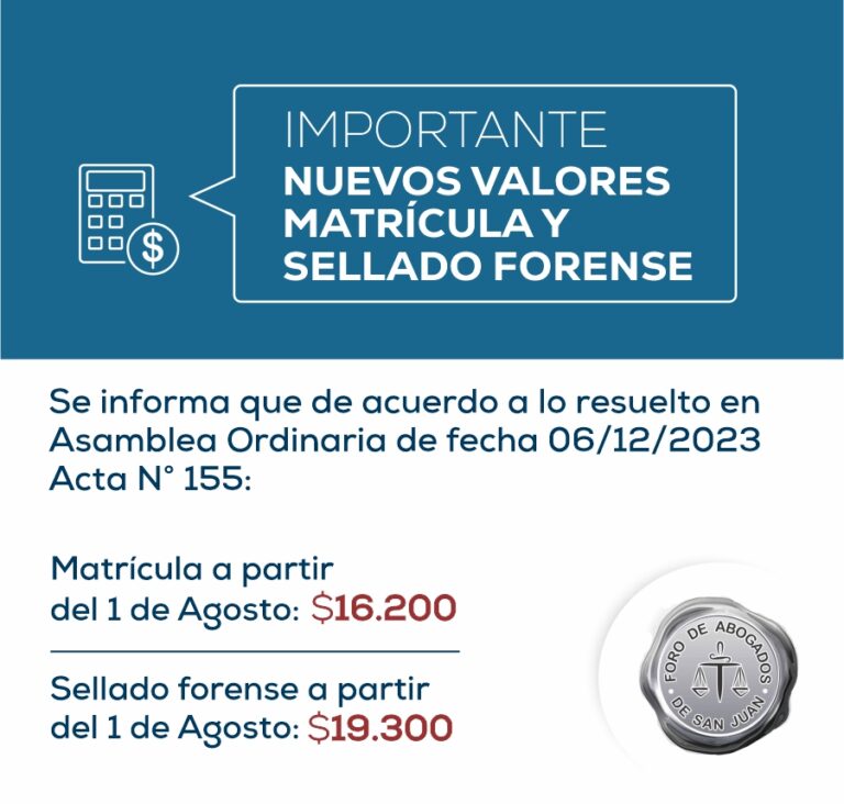 NUEVOS VALORES MATRÍCULA Y SELLADO FORENSE