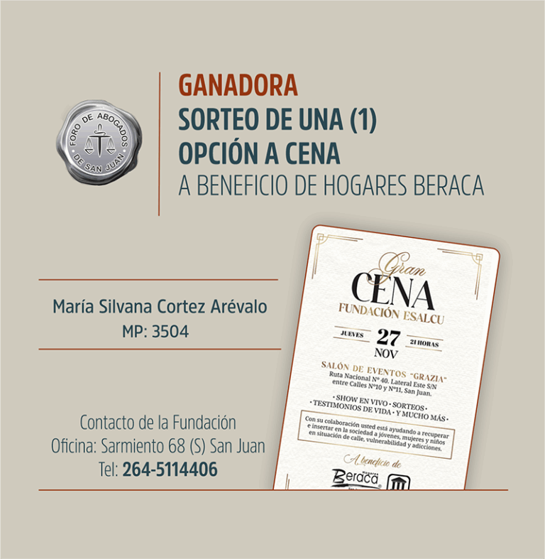 Ganadora sorteo 1 Opción Gran Cena 27/11 a beneficio de Hogares Beraca
