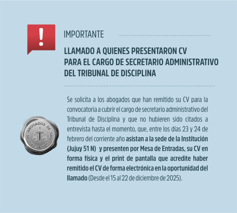LLAMADO A QUIENES PRESENTARON CV  PARA EL CARGO DE SECRETARIO ADMINISTRATIVO DEL TRIBUNAL DE DISCIPLINA
