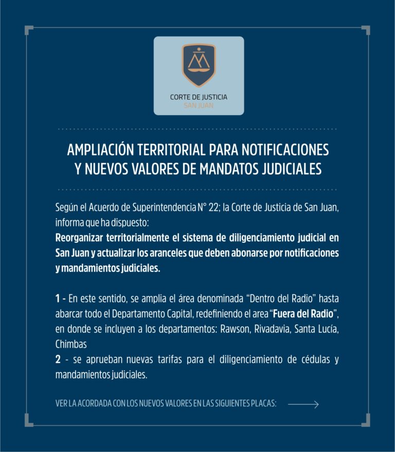 AMPLIACIÓN TERRITORIAL PARA NOTIFICACIONES  Y NUEVOS VALORES DE MANDATOS JUDICIALES