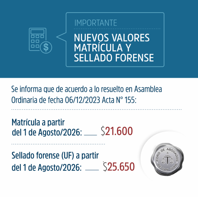 NUEVOS VALORES MATRÍCULA Y SELLADO FORENSE